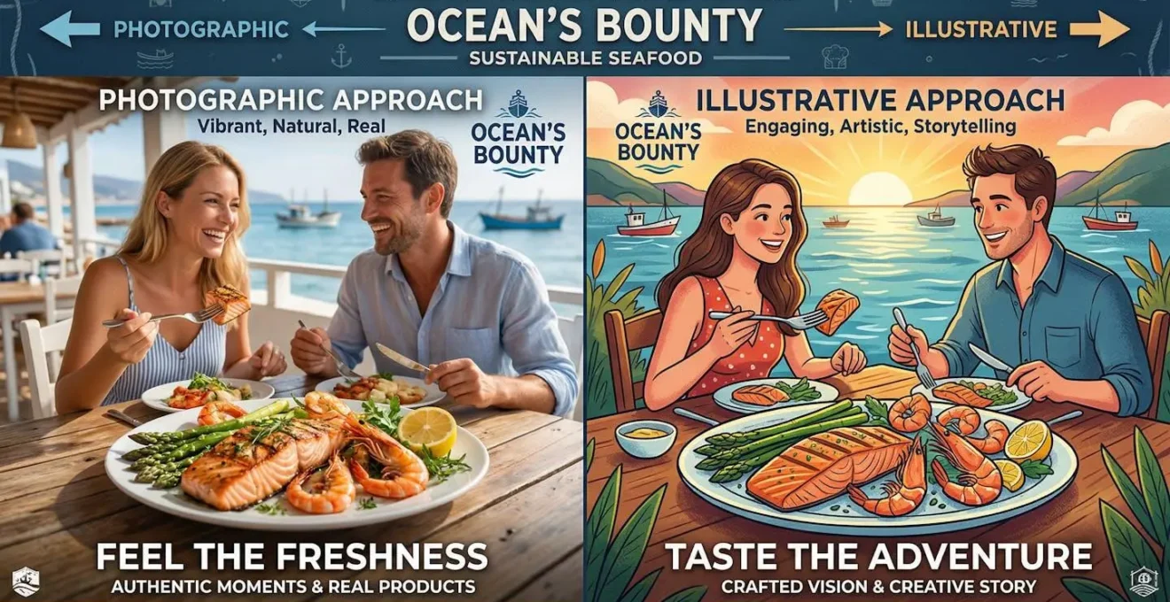 Comparaison côte à côte d'une approche photographique et illustrative pour une même campagne publicitaire