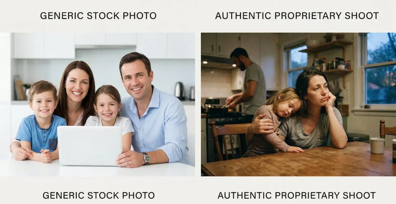 Comparaison visuelle entre une photo de stock générique et un shooting propriétaire authentique montrant la différence d'impact émotionnel