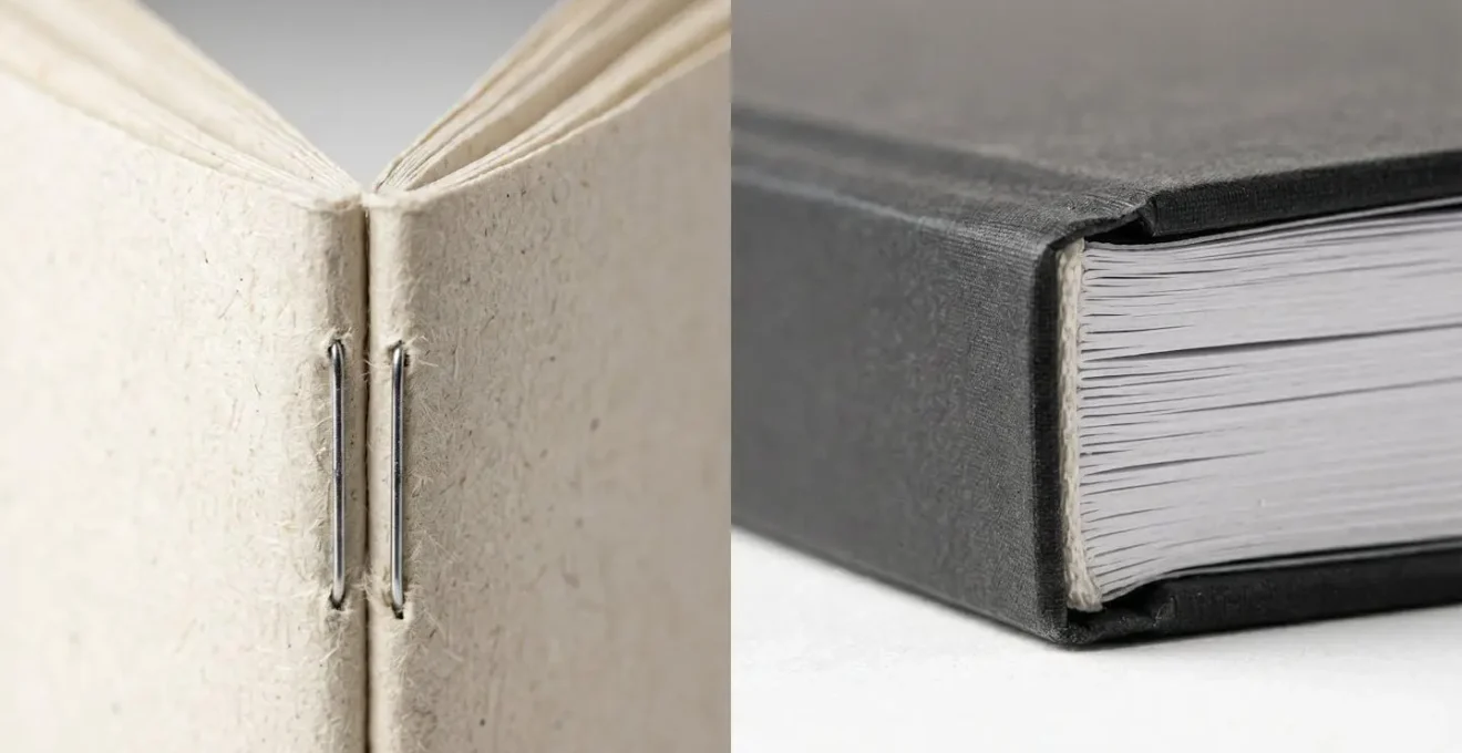 Vue macro détaillée de deux types de reliure de brochures côte à côte montrant la différence de finition