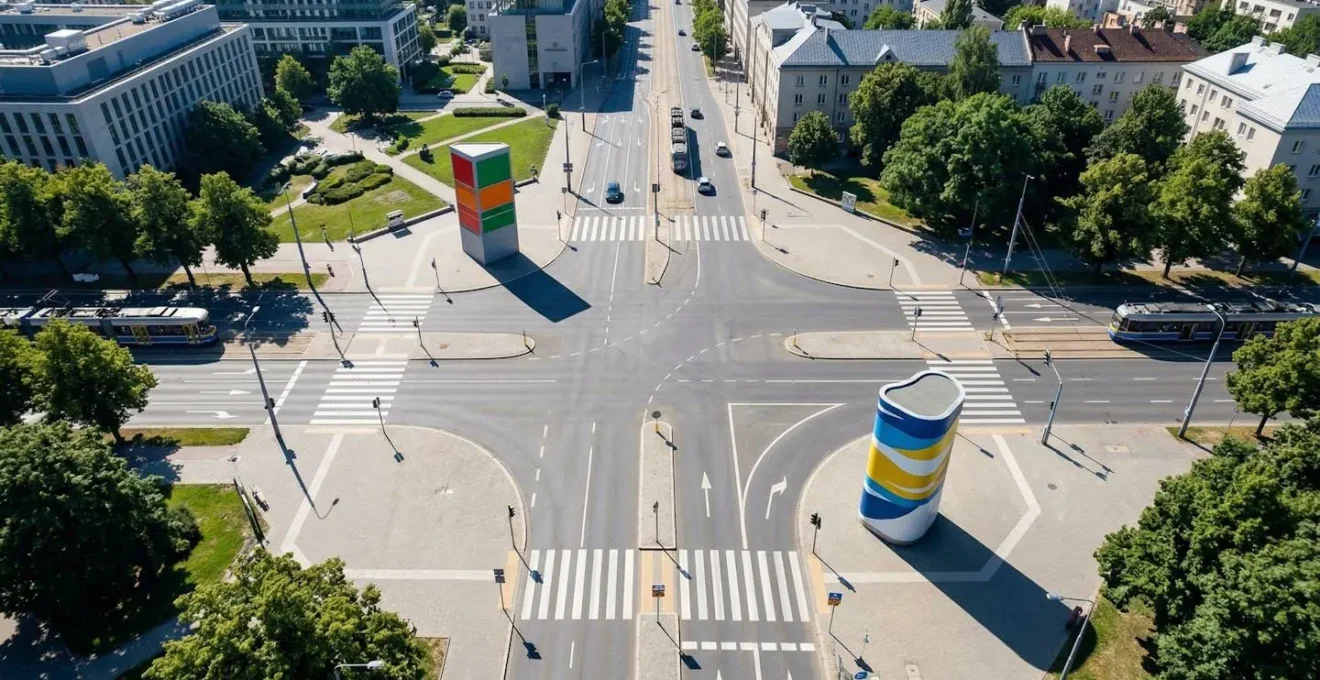 Vue aérienne d'une intersection montrant deux types de totems signalétiques et leur impact visuel