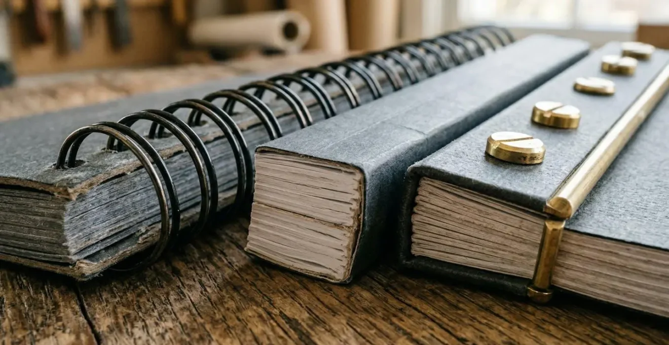 Gros plan macro sur différents types de reliures de catalogues professionnels