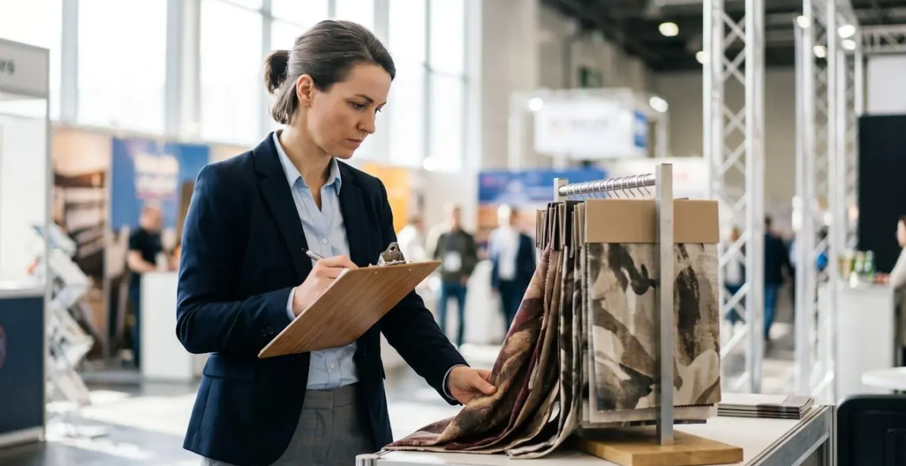Contrôleur de sécurité vérifiant la certification M1 d'une bâche dans un hall d'exposition