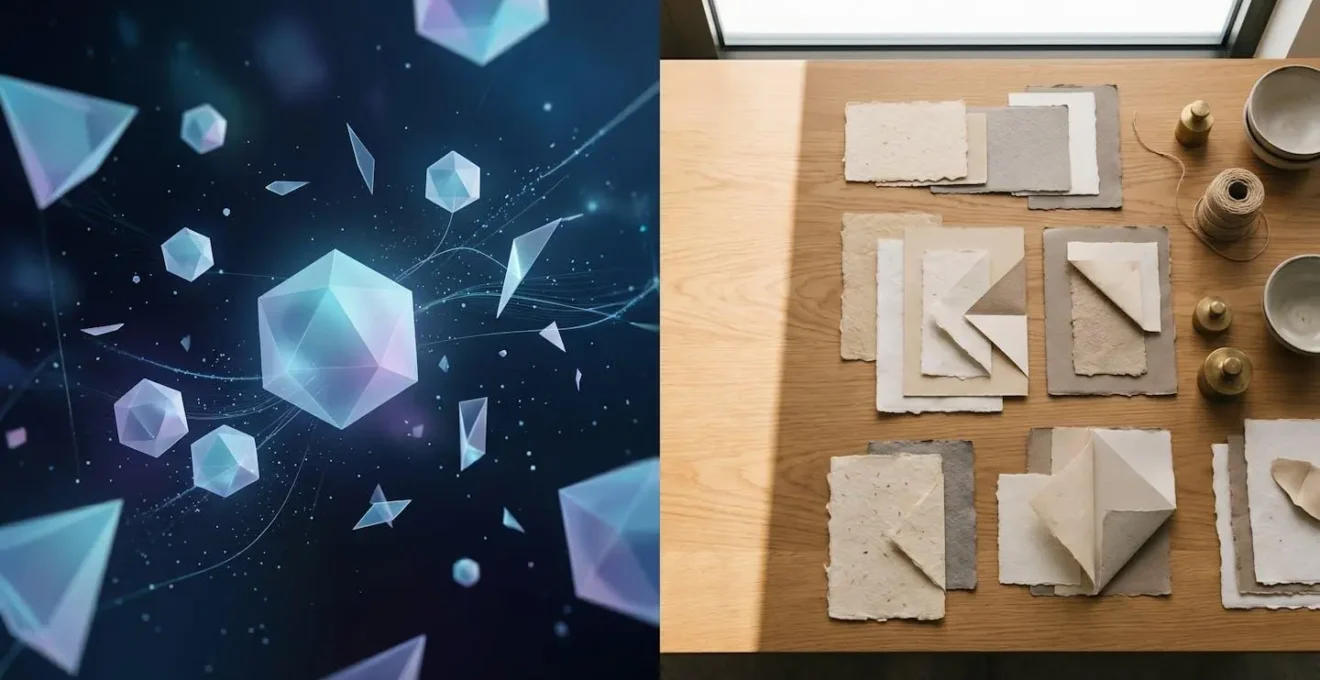 Comparaison visuelle entre un environnement numérique abstrait et un support physique tangible