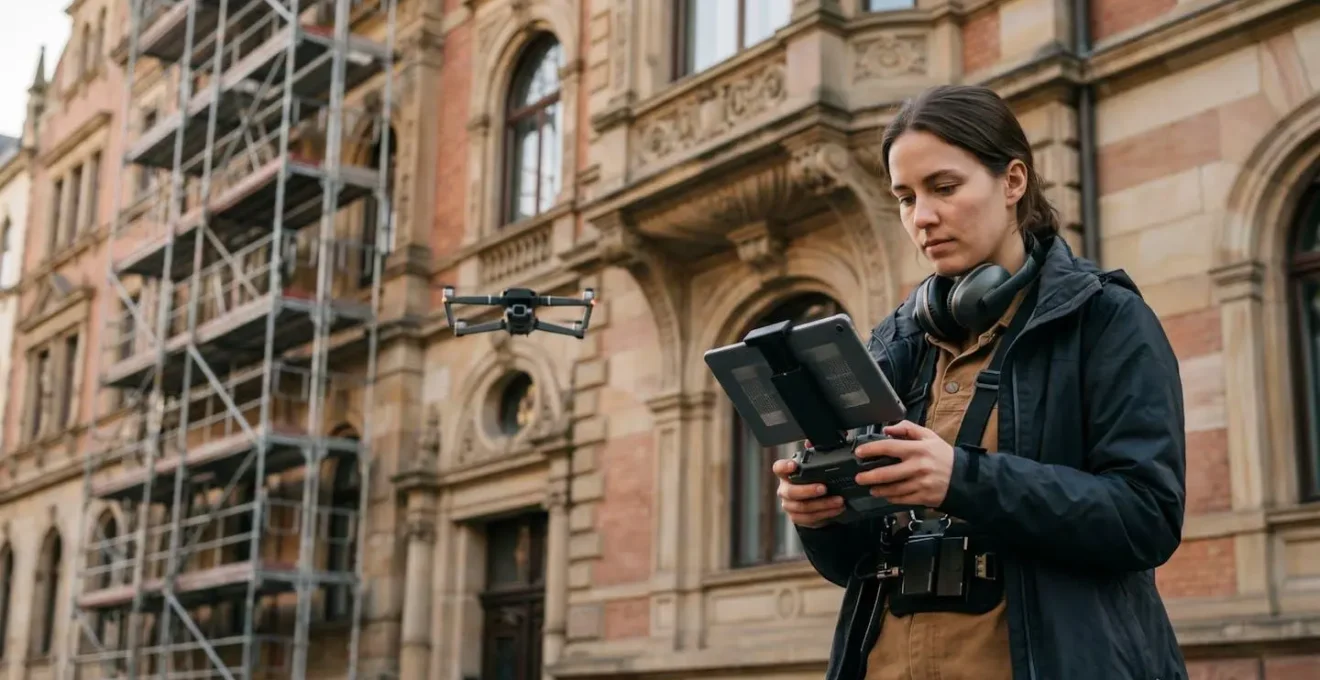 Drone captant des images haute définition d'une façade d'immeuble historique pour reproduction
