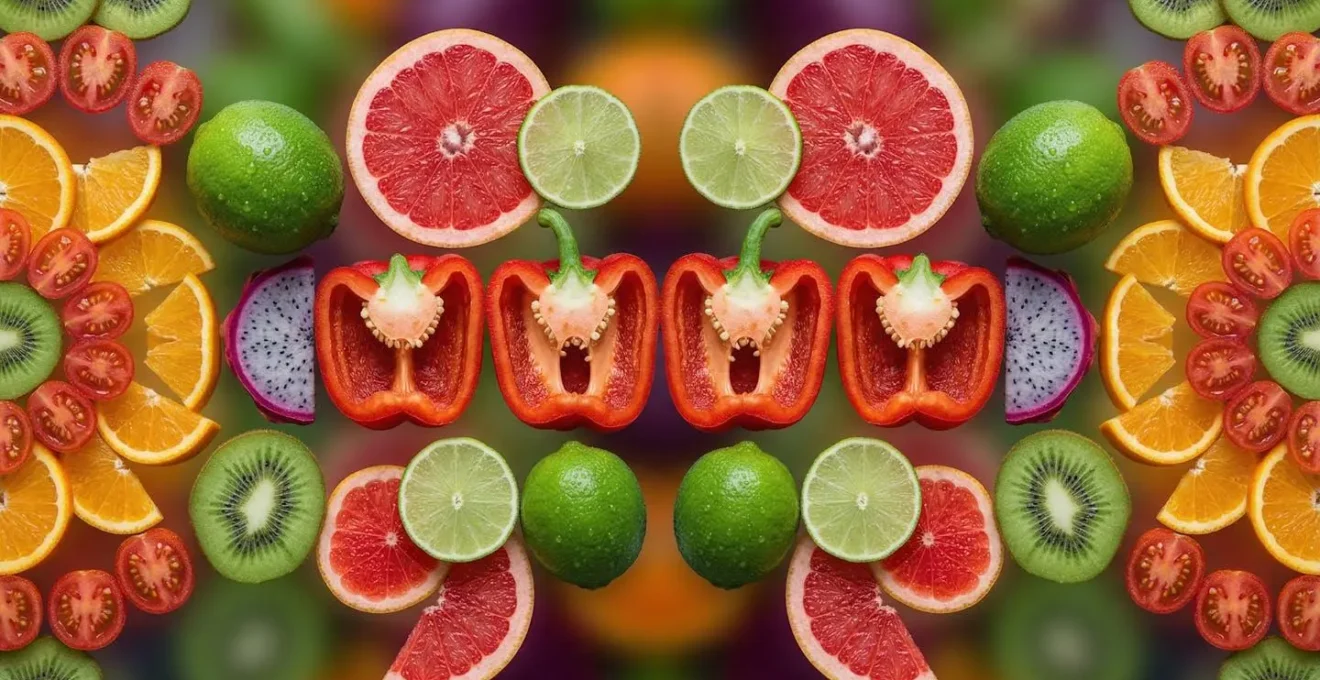 Détail macro de fruits et légumes frais sous éclairage optimal sans ombre portée