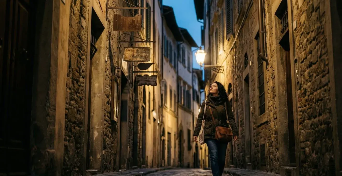 Enseigne perpendiculaire éclairée dans une ruelle étroite avec reflets lumineux sur les façades anciennes