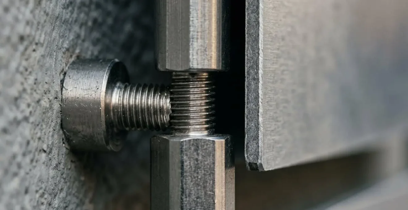 Détail macro d'une entretoise en acier inoxydable fixant un panneau publicitaire sur un mur avec effet de profondeur