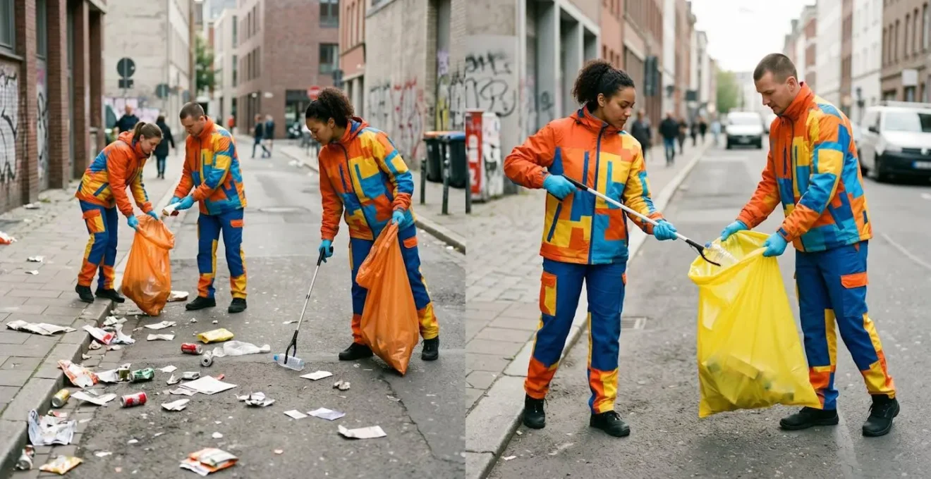 Équipe de street marketing nettoyant une zone urbaine avec des sacs de recyclage colorés et des pinces de ramassage