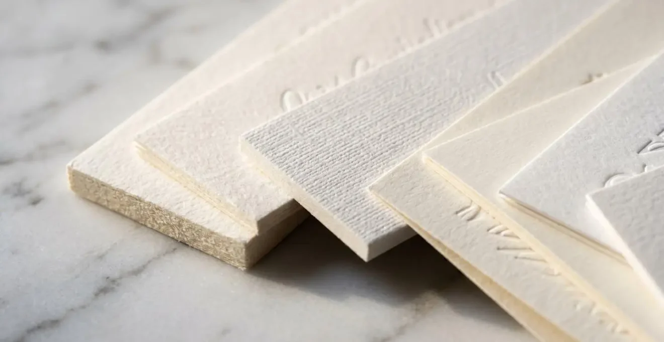 Différents formats de cartons d'invitation disposés en éventail sur surface en marbre