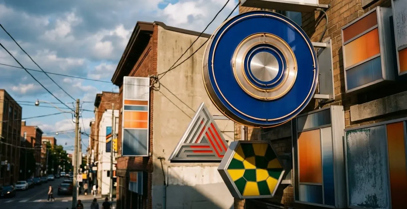 Comparaison visuelle de différentes formes d'enseignes dans un environnement urbain