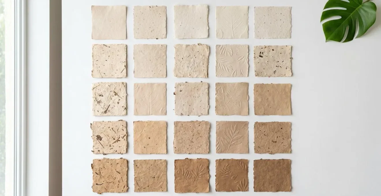 Gros plan sur texture de papier recyclé avec fibres visibles et finition naturelle