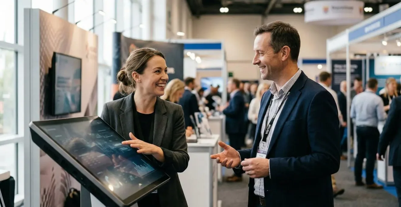 Gros plan sur un échange professionnel entre exposant et visiteur sur un stand avec éléments interactifs