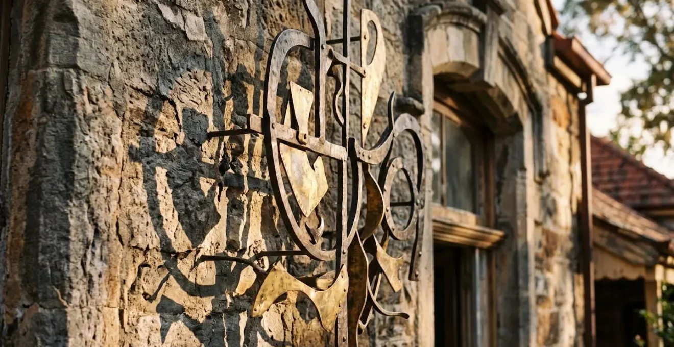 Lettres découpées en matériaux nobles sur façade historique avec jeu d'ombres naturelles
