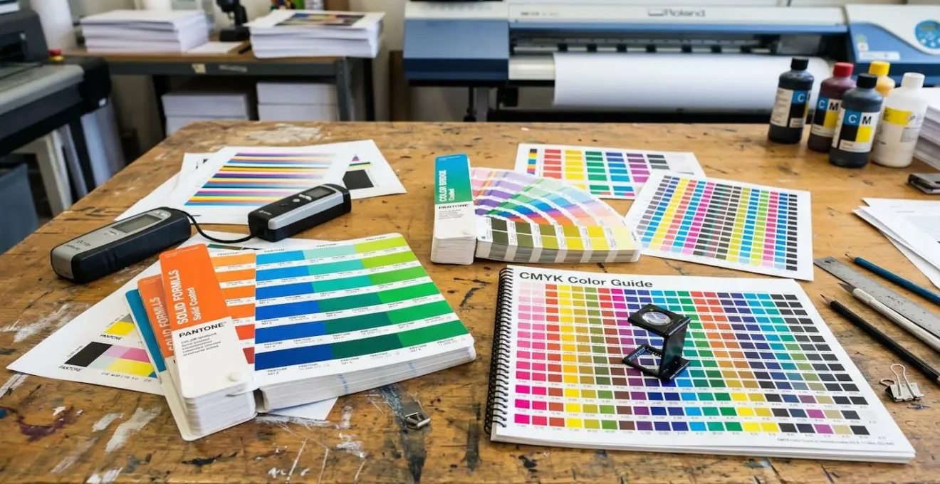 Nuanciers Pantone et échantillons CMJN disposés sur une table d'imprimeur