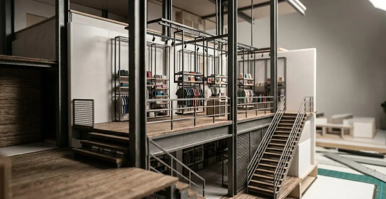 Vue macro détaillée d'une maquette 3D montrant l'optimisation verticale d'un espace commercial avec mezzanine et rangements en hauteur