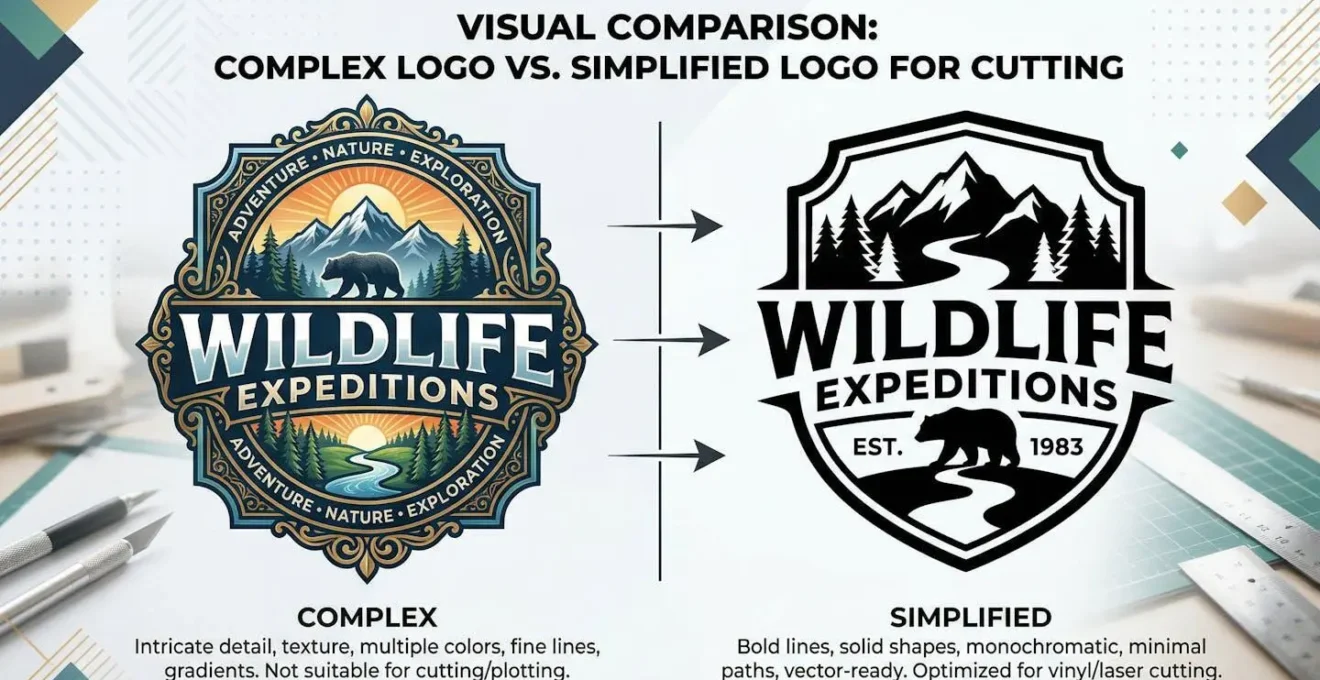 Comparaison visuelle entre un logo complexe et sa version simplifiée pour la découpe