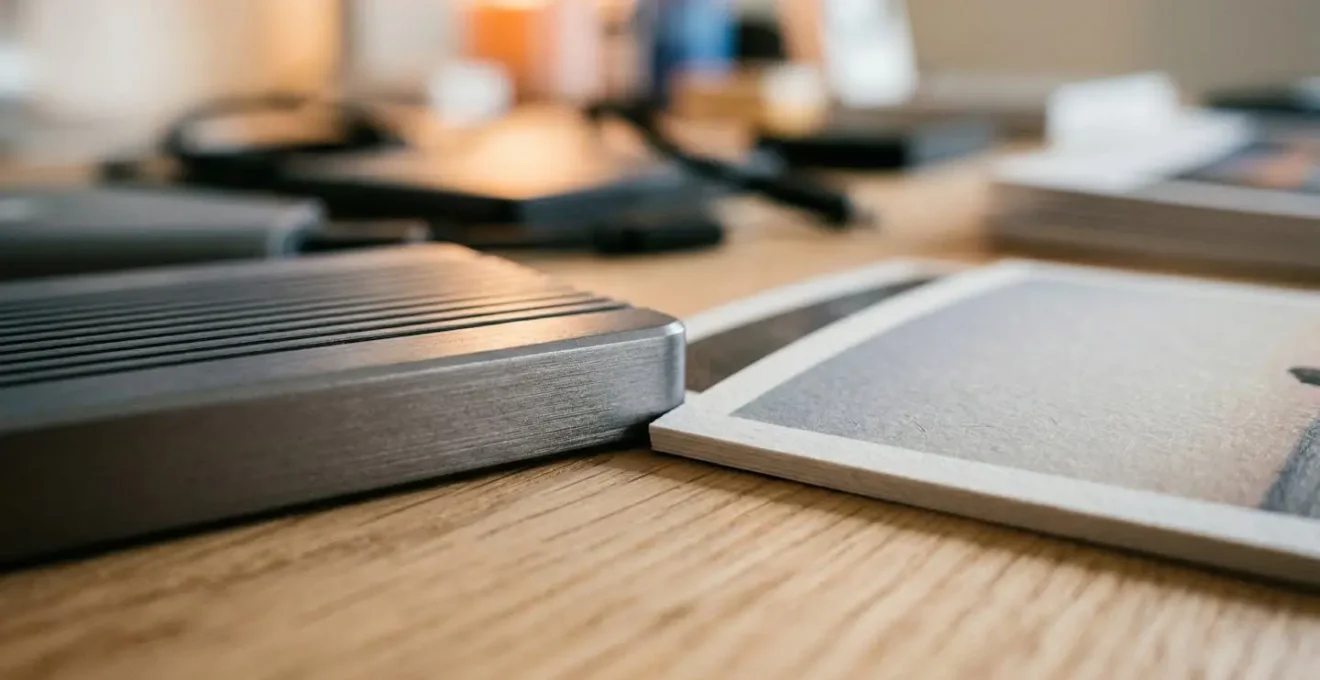 Espace de travail photographe avec organisation méthodique des fichiers média