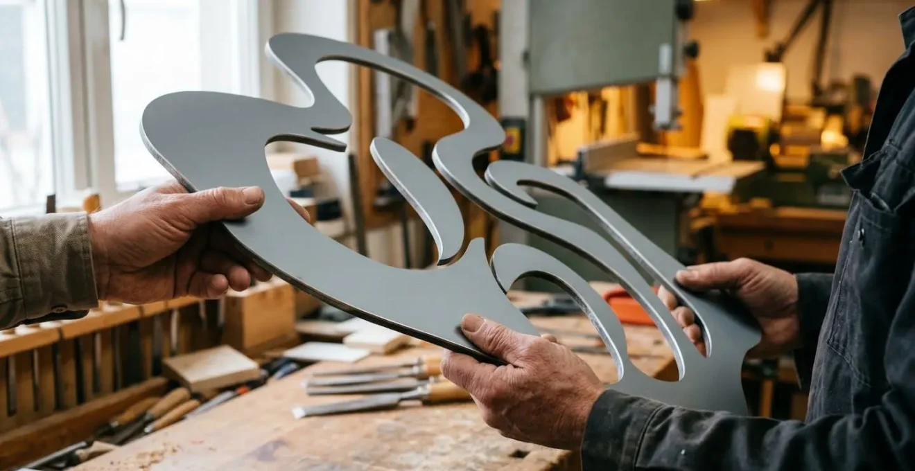 Vue d'ensemble d'un atelier de découpe avec panneau Dibond aux formes organiques découpées