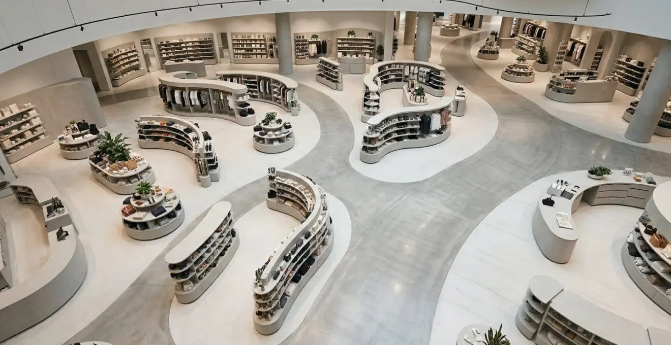 Vue aérienne d'un aménagement de magasin avec parcours client optimisé en courbes douces