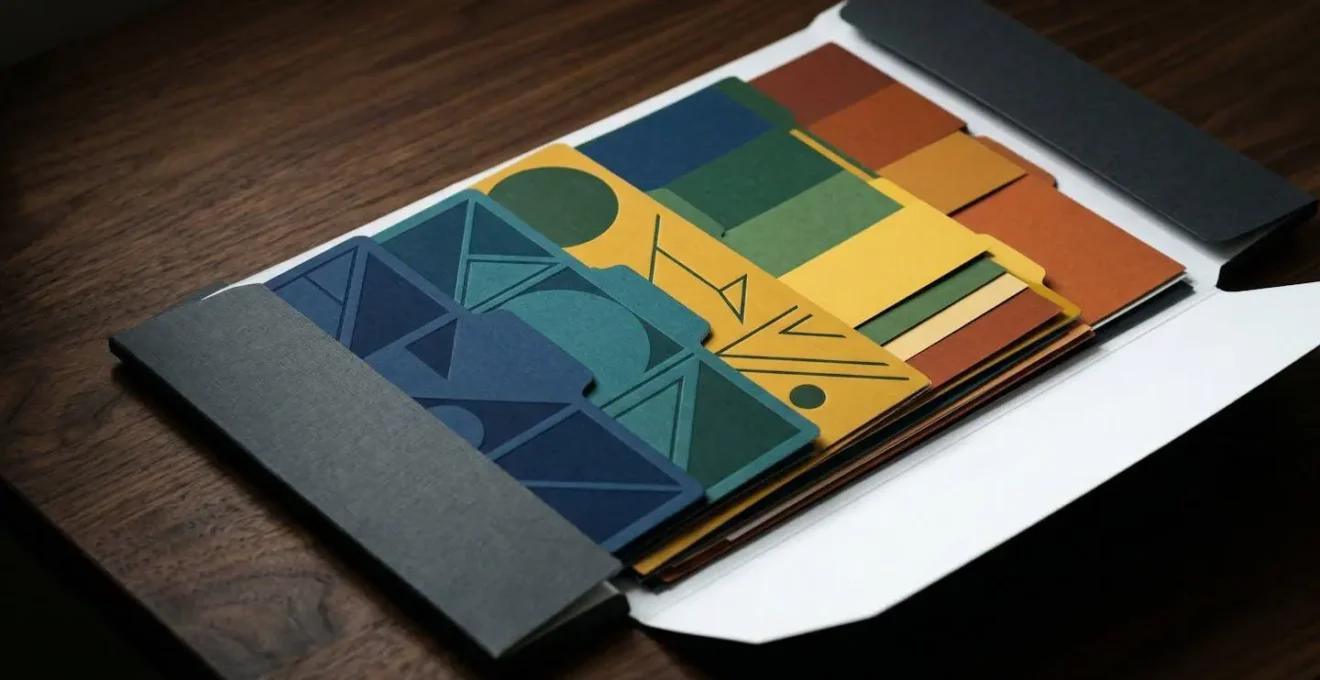 Pochette à rabats ouverte montrant système de fiches interchangeables organisées par couleur
