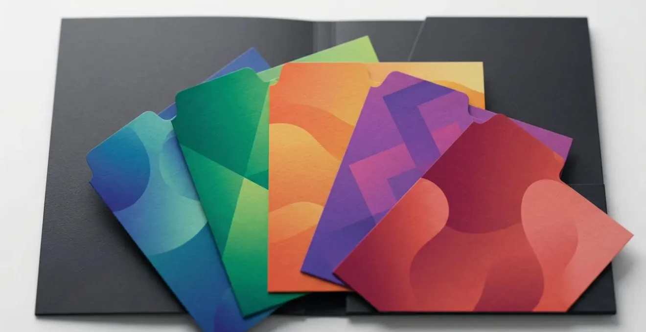 Vue aérienne d'une pochette à rabats ouverte avec fiches colorées disposées en éventail
