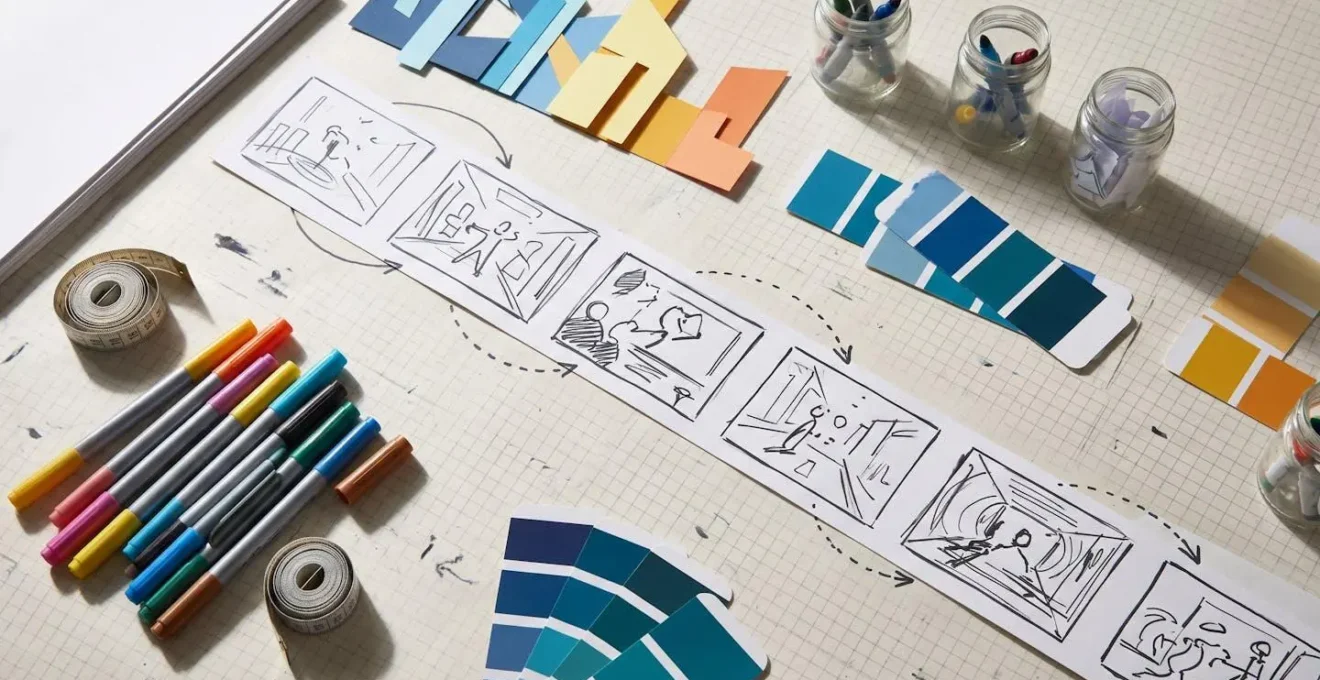Table de travail créative avec storyboard dessiné à la main et palette de couleurs