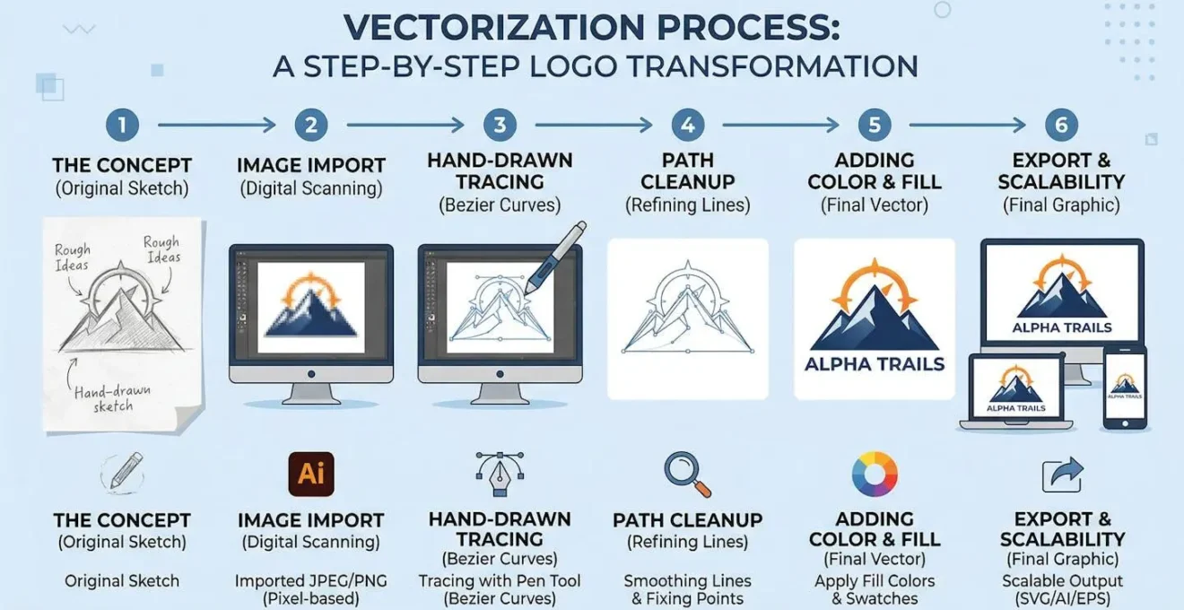 Processus de vectorisation d'un logo montrant la transformation étape par étape