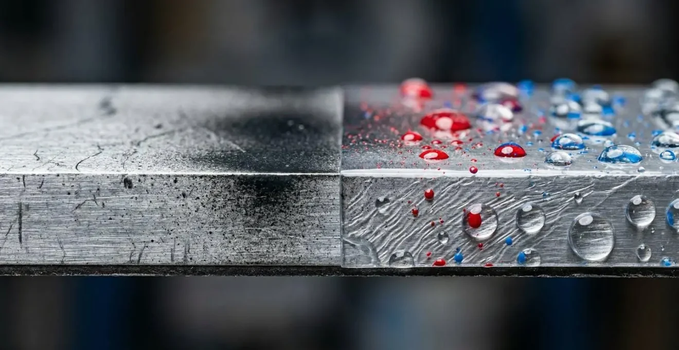 Gros plan macro sur surface de panneau Dibond avec film de protection transparent anti-graffiti et test de nettoyage