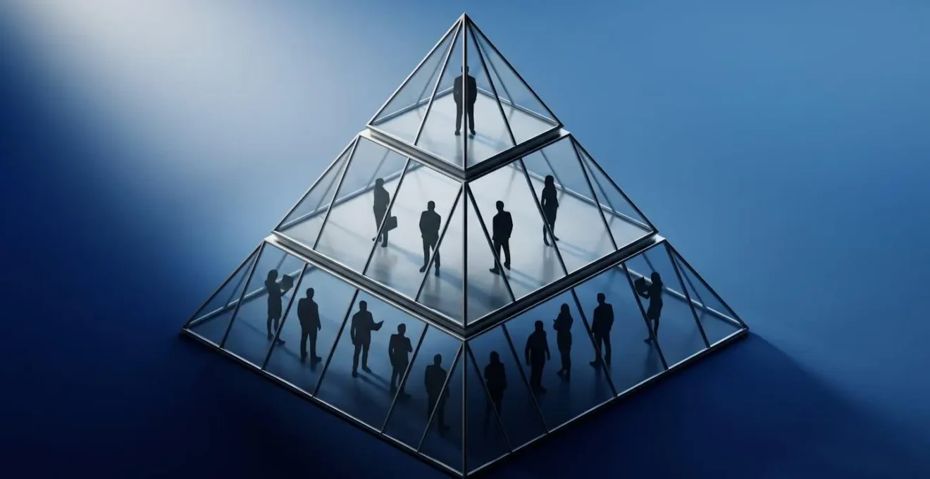 Vue isométrique d'une pyramide en trois niveaux avec des silhouettes de professionnels à chaque étage, éclairée par une lumière dramatique