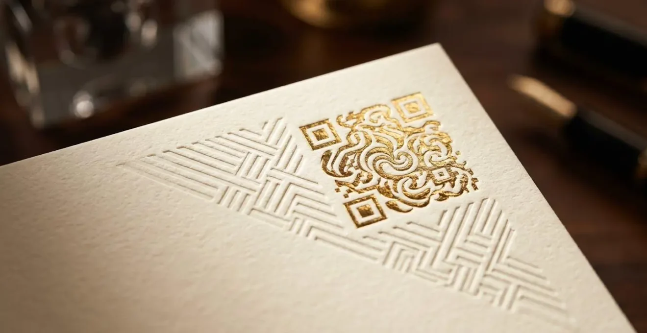 Gros plan sur un QR code doré intégré dans le design d'une carte d'invitation premium