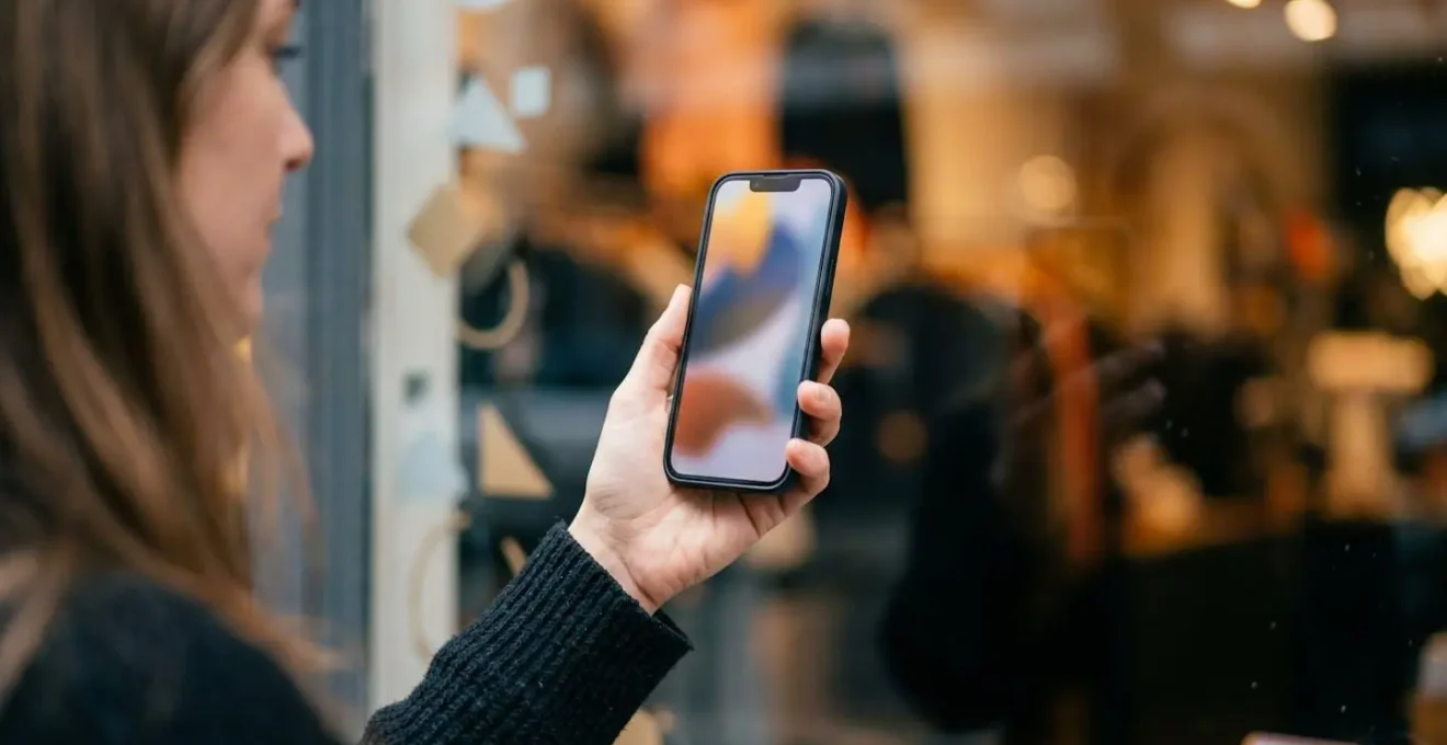 Main tenant un smartphone scannant un QR code sur une vitrine de commerce de proximité.