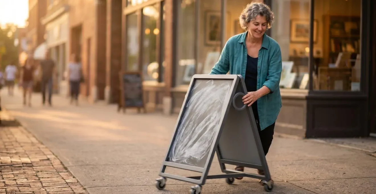 Démonstration du système de roulettes escamotables sur un chevalet publicitaire professionnel