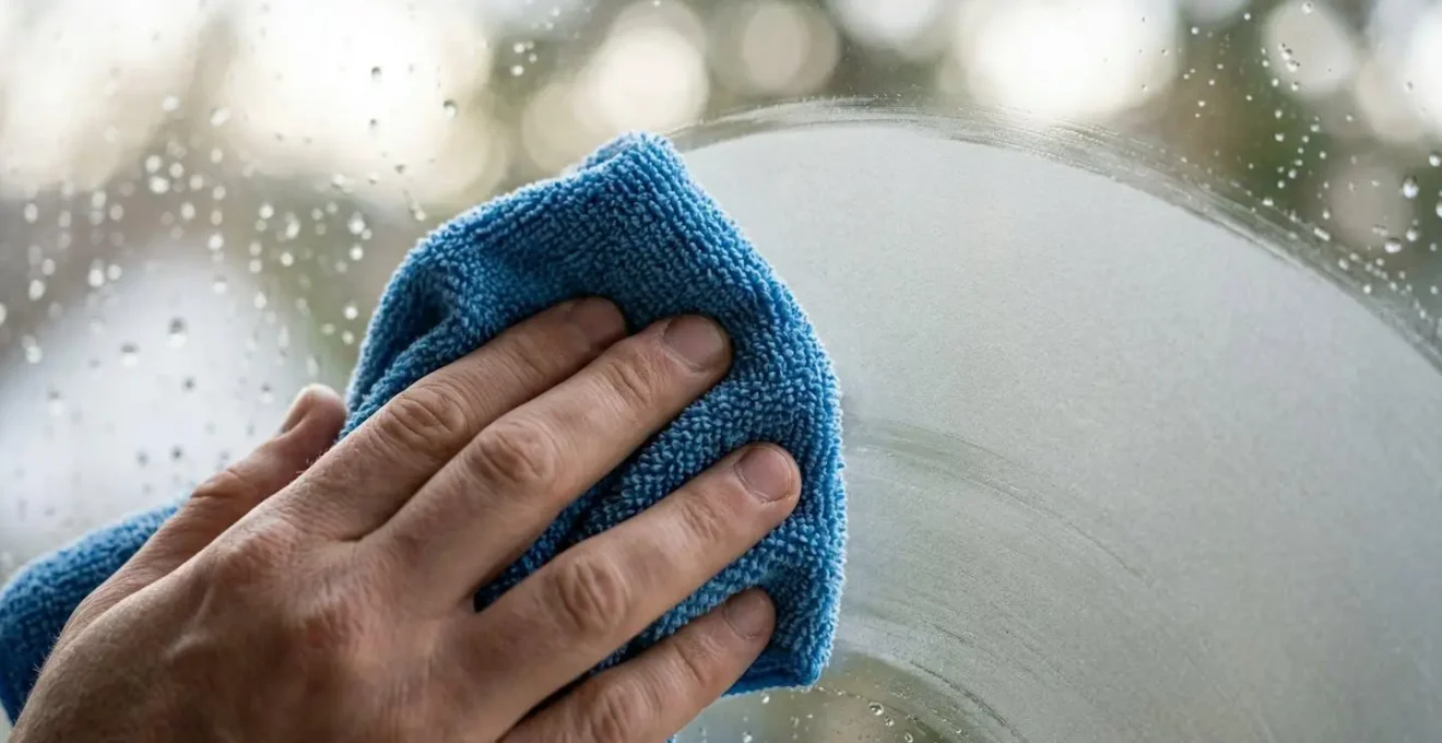 Technique de nettoyage d'un film pour vitre avec microfibre et mouvement circulaire