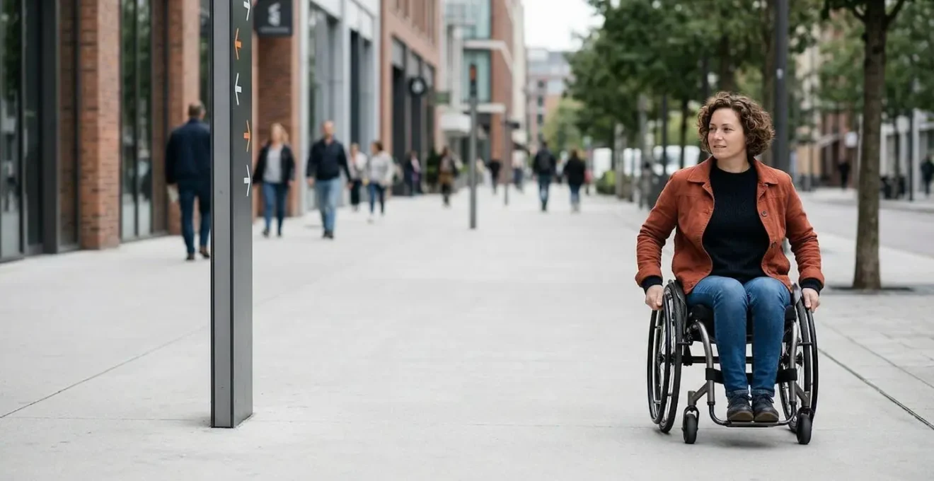 Personne en fauteuil roulant naviguant facilement autour d'un panneau de signalisation bien positionné