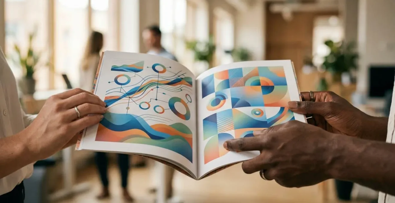 Mains professionnelles tenant une plaquette ouverte montrant des graphiques abstraits colorés