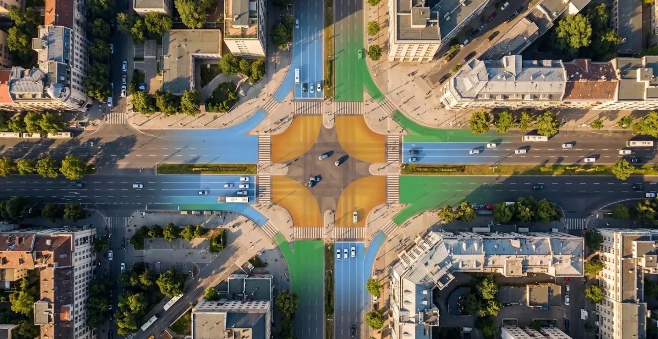 Vue aérienne d'un carrefour avec zones de placement optimal des panneaux directionnels