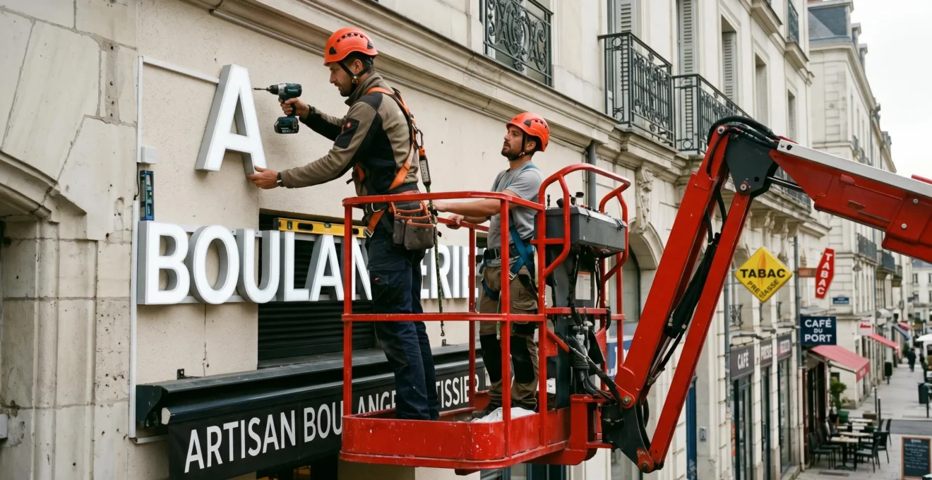 Deux installateurs professionnels équipés de harnais de sécurité fixant une enseigne lumineuse en hauteur sur façade commerciale française depuis une nacelle élévatrice
