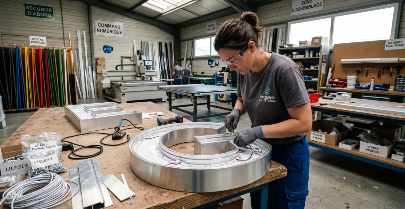 Technicien assemblant une lettre boîtier LED de grande taille dans un atelier de fabrication d'enseignes français, outils et matériaux professionnels visibles sur l'établi